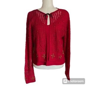 Victoria Jones Petite Vintage Y2K Red Crochet Knit Beaded Cardigan Top Size PM